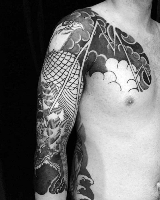 Eagle Cloud Japanese Male Half Sleeve And Chest Tattoos