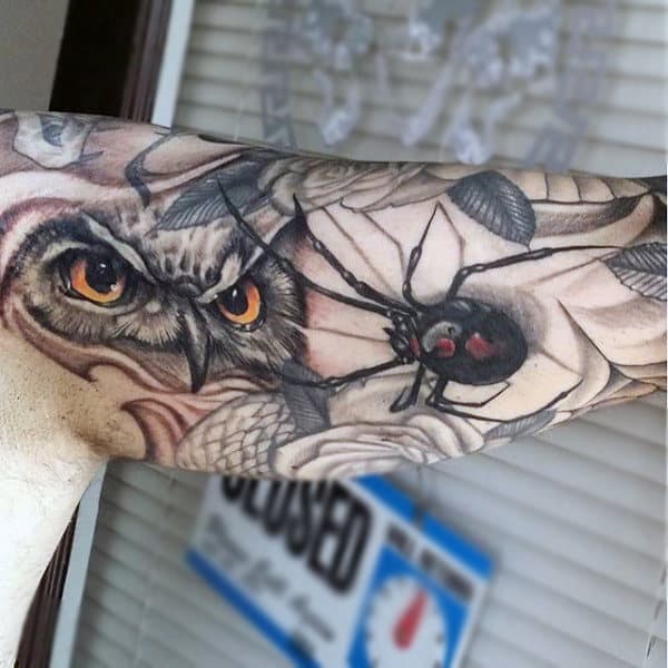 Eagle Eyes And Spider Tattoo On Arms For Guys