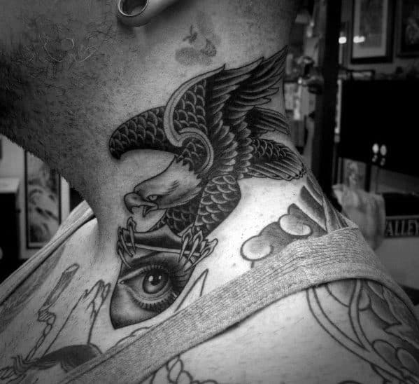 Eagle Flying With All Seeing Eye Guys Side Of Neck Traditional Tattoos