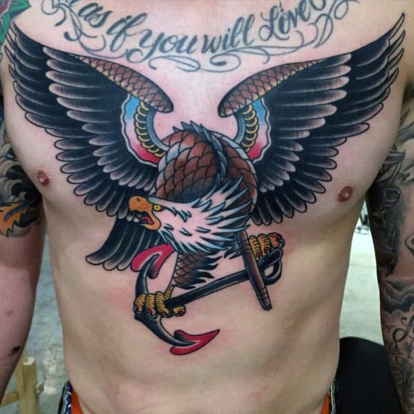 Eagle Flying With Anchor In Claws Mens Traditional Tattoo On Chest