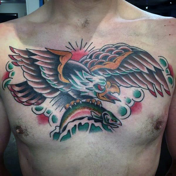 Eagle Flying With Fish Guys Old School Chest Tattoo Designs