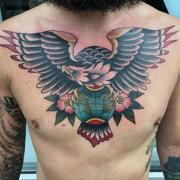 Eagle Globe Male Traditional Chest Tattoo Design Ideas