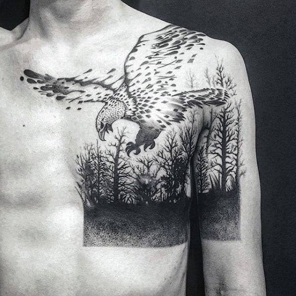 Eagle Guys Forest Upper Chest And Arm Tattoo