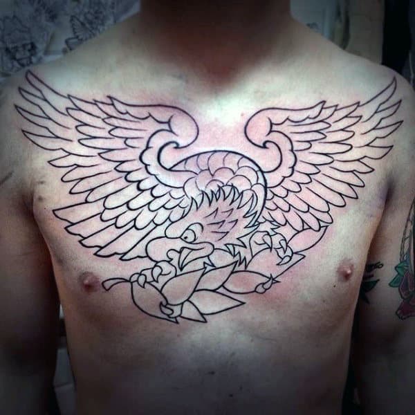 Eagle Leaves Mens Black Ink Outline Chest Tattoo