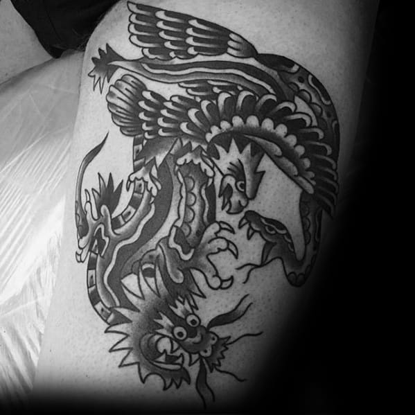 Eagle With Dragon And Snake Guys Traditional Thigh Tattoo