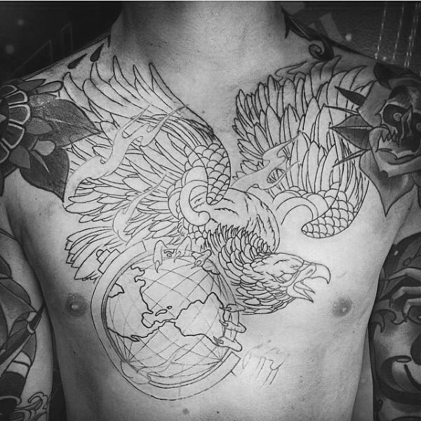 Eagle With Globe Mens Black Ink Outline Chest Tattoo