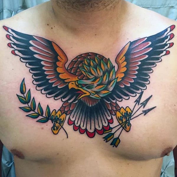 Eagle With Olive Branch And Arrows Mens Traditional Upper Chest Tattoo