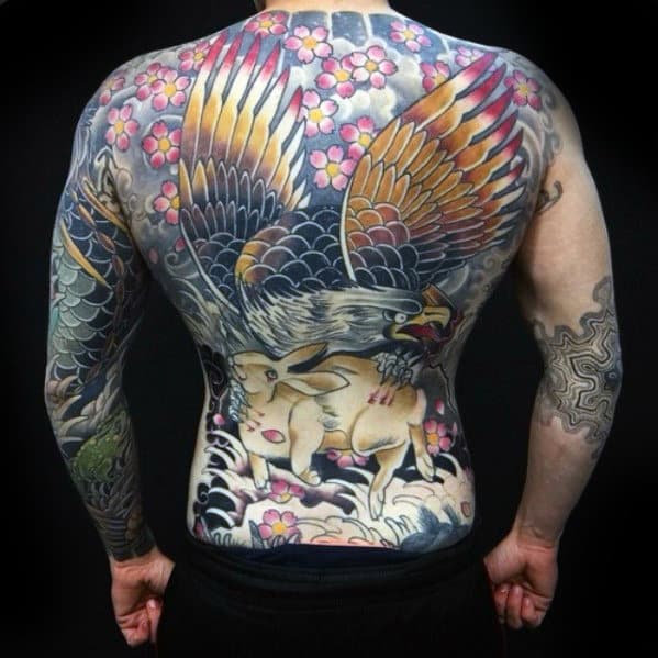 Eagle With Rabbit Mens Old School Japanese Back Tattoos