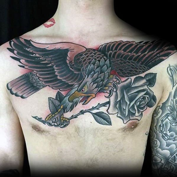 Eagle With Shaded Rose Flower Mens Badass Traditional Chest Tattoos