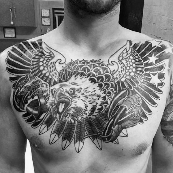Eagle With Stars Guys Chest Tattoo Inspiration