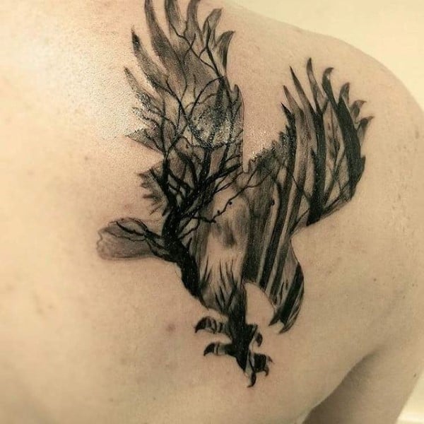 Eagle With Trees Upper Back Mens Tattoos