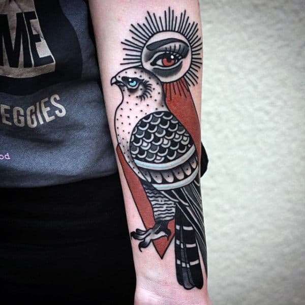 Egyptian Style Horus Hawk With Eye Of Ra Half Sleeve Tattoo On Male