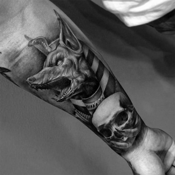 Egyptian Themed Skull Male Realistic Inner Forearm Tattoo