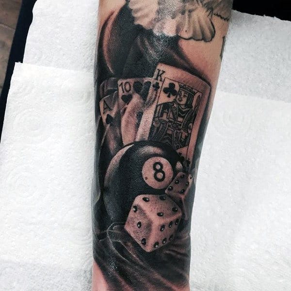 Eight Ball With Playing Card Mens Forearm Tattoos