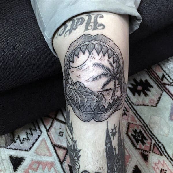 My boyfriends new tattoo Shark jaws traditional Lighthouse Beach  Traditional  tattoo Elbow tattoos Tattoos