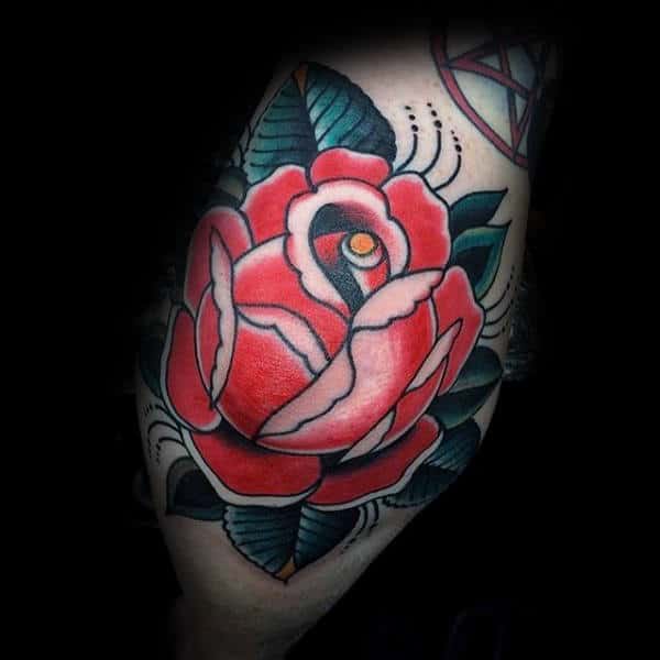 Elbow Guys Traditional Red Rose Flower Tattoos