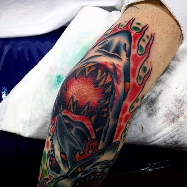 Elbow Mens Bloody Shark Traditional Tattoo With Old School Design