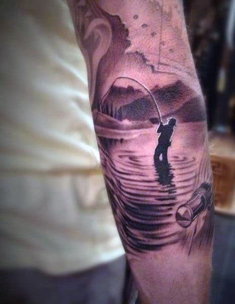 Elbow Nature Fishing Tattoos Designs For Males