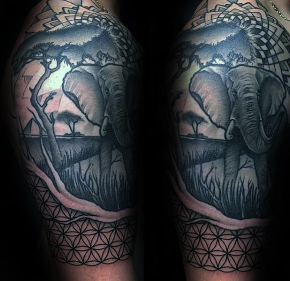 Elephant Flower Of Life Mens Half Sleeve Tattoo