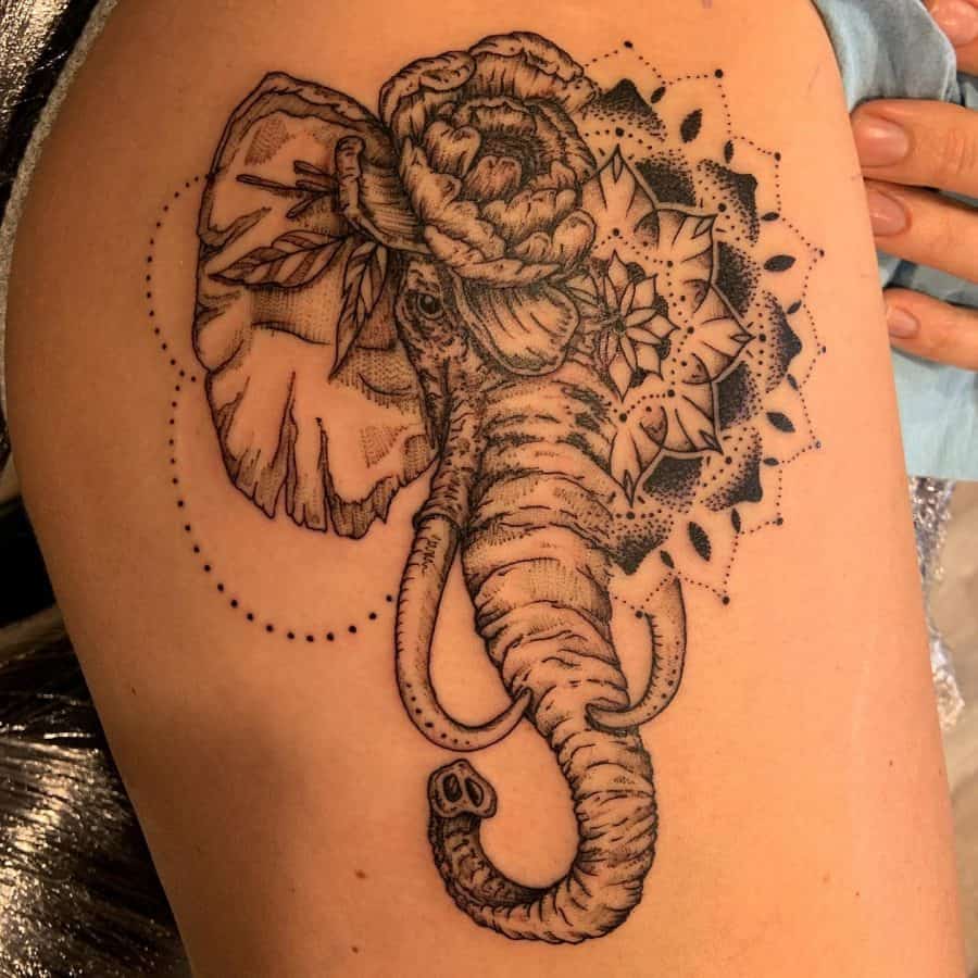 Elephant Lotus Mandala Grayscale Mashup Bicep Geometric Tattoo
