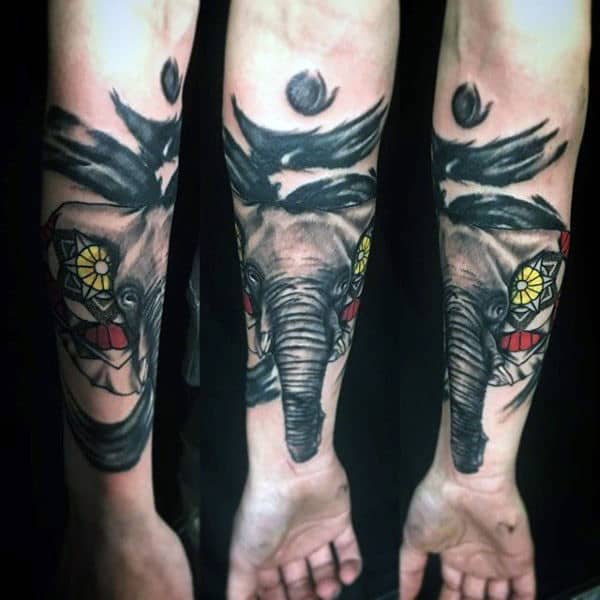 Elephant Tattoo With Yellow Mandala On Ears Male Forearms
