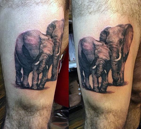 Elephants Nudging Each Other Tattoo Males Thighs
