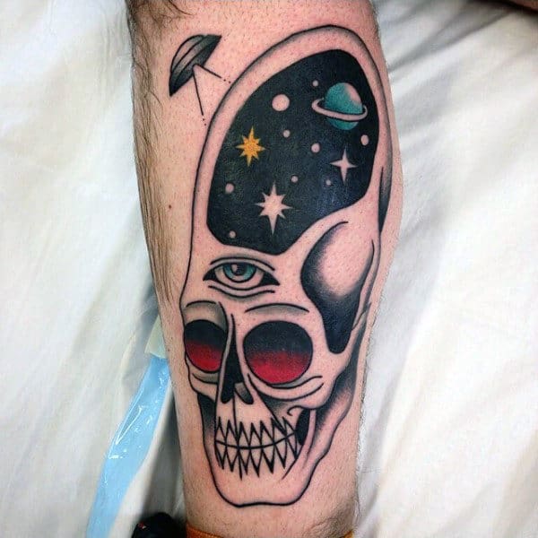 Elongated Skull And Spaceship Tattoo Male Forearms