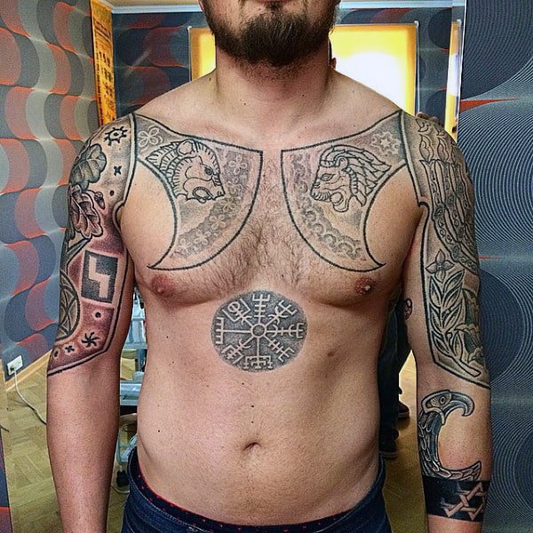 Embossed Warrior Axe Tattoos Mens Chest And Arms