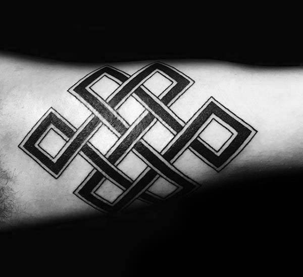 Endless Knot Black Ink Guys Inner Forearm Tattoo Inspiration
