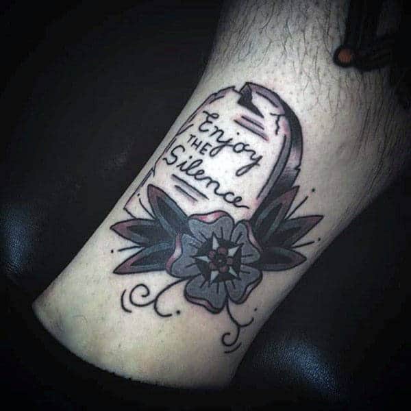 Enjoy The Silence Tombstone Mens Leg Tattoo With Old School Flower Design
