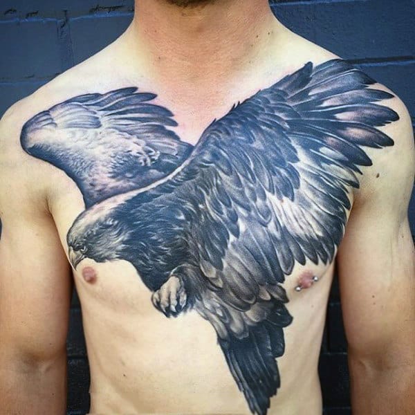 Enormous Black And Grey Bald Eagle Tattoo Male Chest