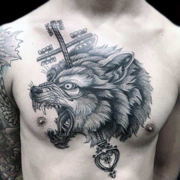 Enraged Grey Werewolf With Cross Tattoo Mens Chest