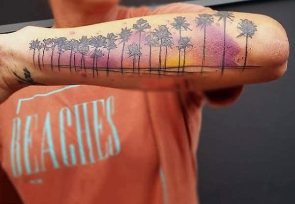 Enticing Line Of Palm Trees Tattoo On Elbows For Men