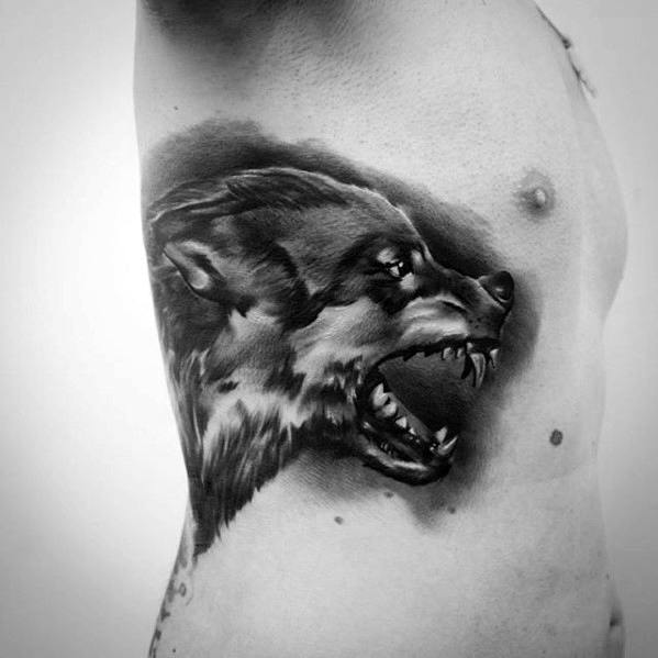 Epic 3d Wolf Head Rib Cage Side Male Tattoos