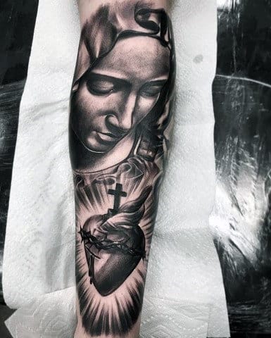 Eternal Heart With Mother Mary Guys Religious 3d Cross Leg Sleeve Tattoo