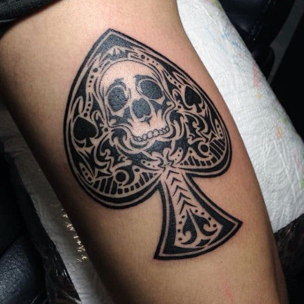 Ethnic Black Skull In Ace Symbol Tattoos Mens Leg Thigh
