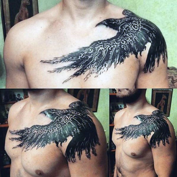 Ethnic Patterns On Dark Raven Tattoo Male Shoulders