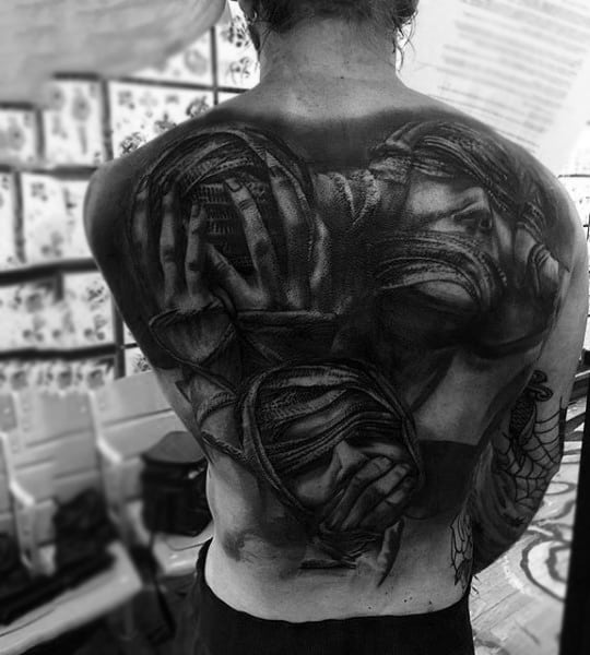Evil And Pain Black Pencil Tattoo Male Full Back