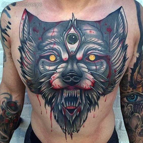 Evil Eye With Bloody Wolf Mens Chest Tattoos