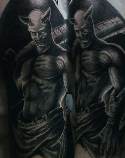 Evil Spirit Mens Demon Tattoo On Upper Arm In Black