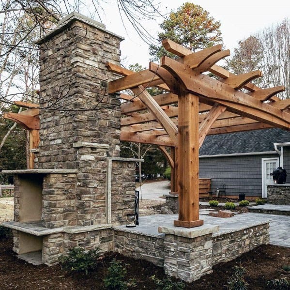 Excellent Backyard Wood Pergola And Stone Cladding Ideas Patio Fireplace