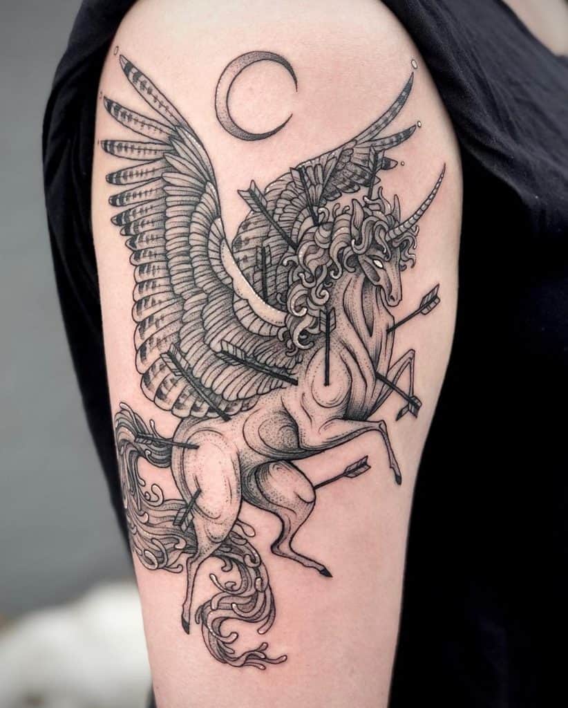 Excellent Detail Pegasus Pierced With Arrows Hatches Technique Black And Gray Unicorn Tattoo