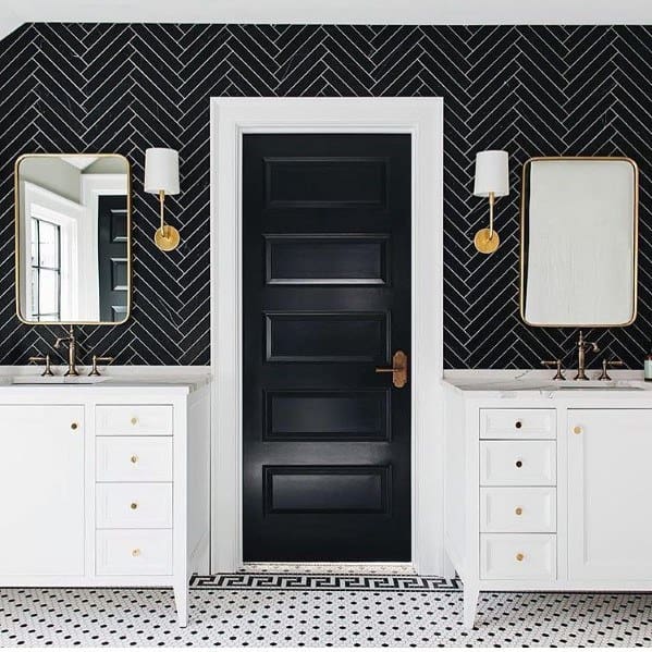 Excellent Interior Ideas Black Herringbone Tile Master Bathroom Backsplash With White Vanity