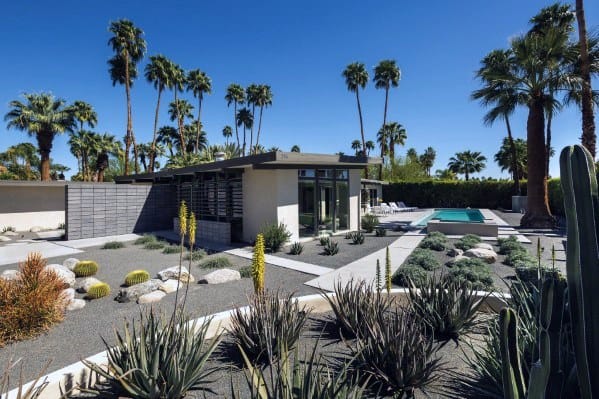 large luxurious gravel garden with pool and desert plants 