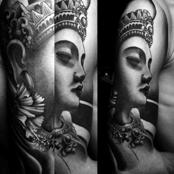 Extra Dimensional Buddha Face Tattoo On Arms