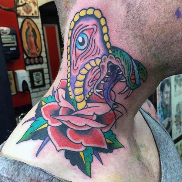 Eye Cobra Rose Flower Mens Neck Tattoos