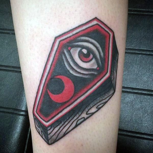 Eye Moon Coffin Black And Red Ink Male Tattoo