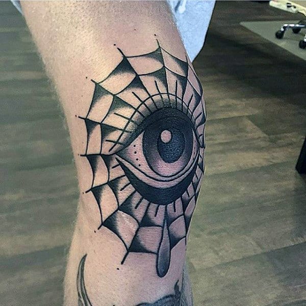 Eye Spider Web Knee Tattoos For Men