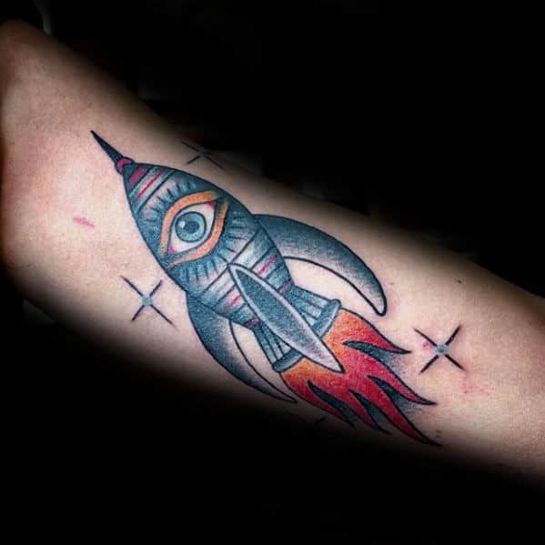 Eye With Rocket Ship Mens Traditional Inner Arm Tattoo