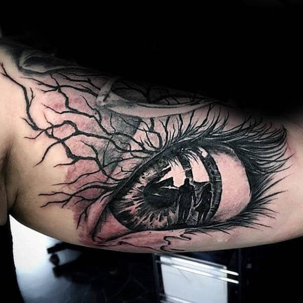 Eye With Silhouette Of People Inner Arm Tattoos On Male